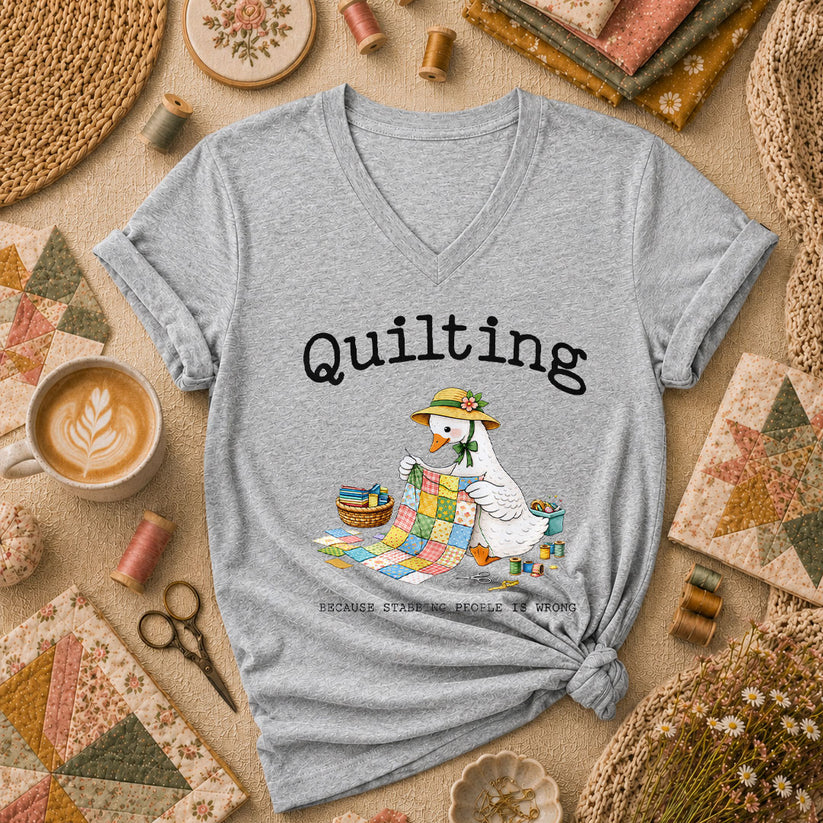 Quilting Because Stabbing People Is Wrong Goose Women's V-Neck - Athletic Heather