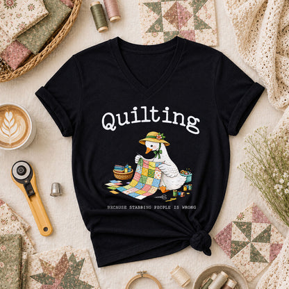 Quilting Because Stabbing People Is Wrong Goose Women's V-Neck - Black