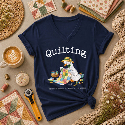 Quilting Because Stabbing People Is Wrong Goose Women's V-Neck - Navy