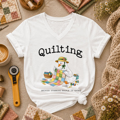 Quilting Because Stabbing People Is Wrong Goose Women's V-Neck - White