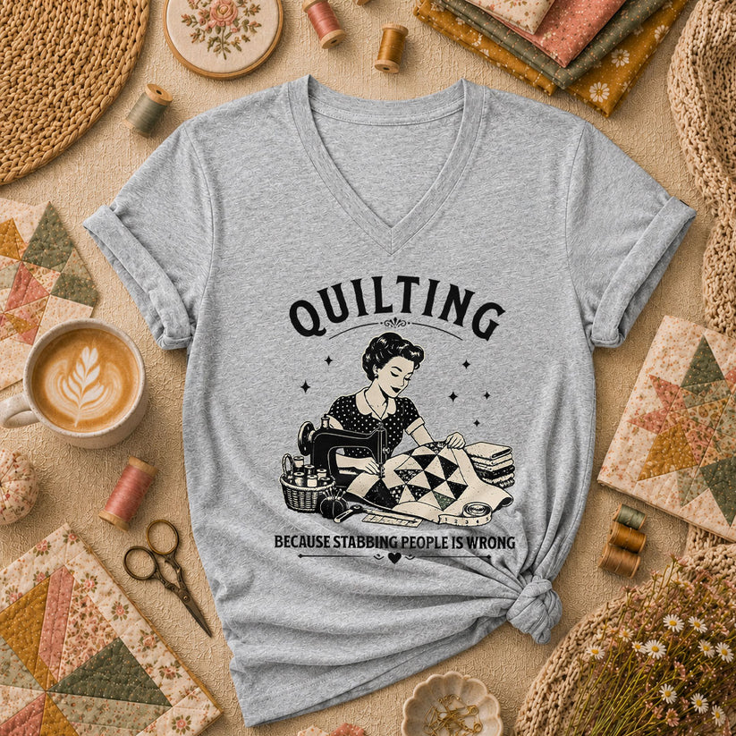 Quilting Because Stabbing People Is Wrong Women's V-Neck - Athletic Heather