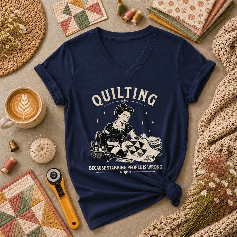 Quilting Because Stabbing People Is Wrong Women's V-Neck - Navy