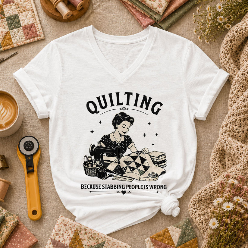 Quilting Because Stabbing People Is Wrong Women's V-Neck - White