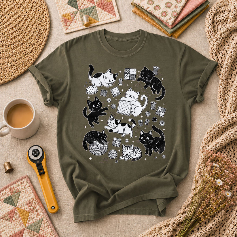 Quilting Cats And Kittens T-Shirt - Military Green
