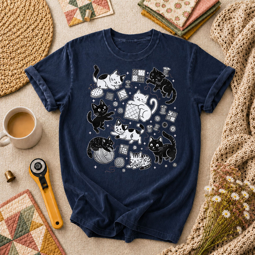 Quilting Cats And Kittens T-Shirt - Navy