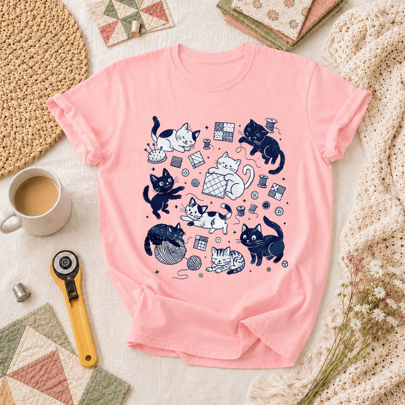 Quilting Cats And Kittens T-Shirt - Pink