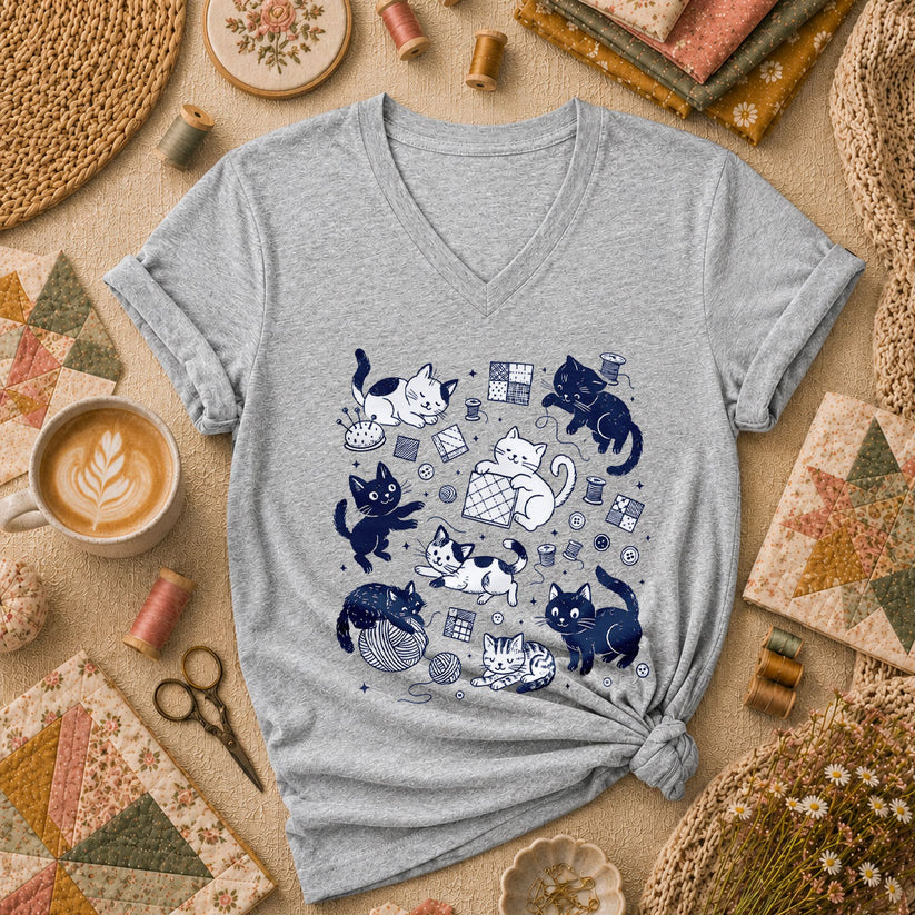 Quilting Cats And Kittens Women's V-Neck - Athletic Heather