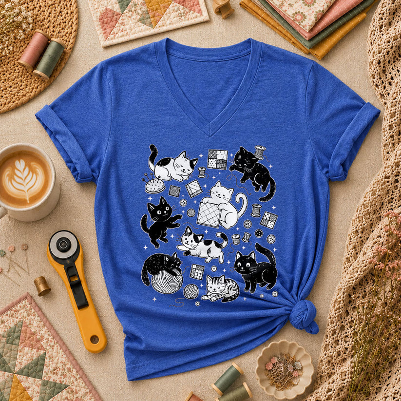 Quilting Cats And Kittens Women's V-Neck - Heather True Royal