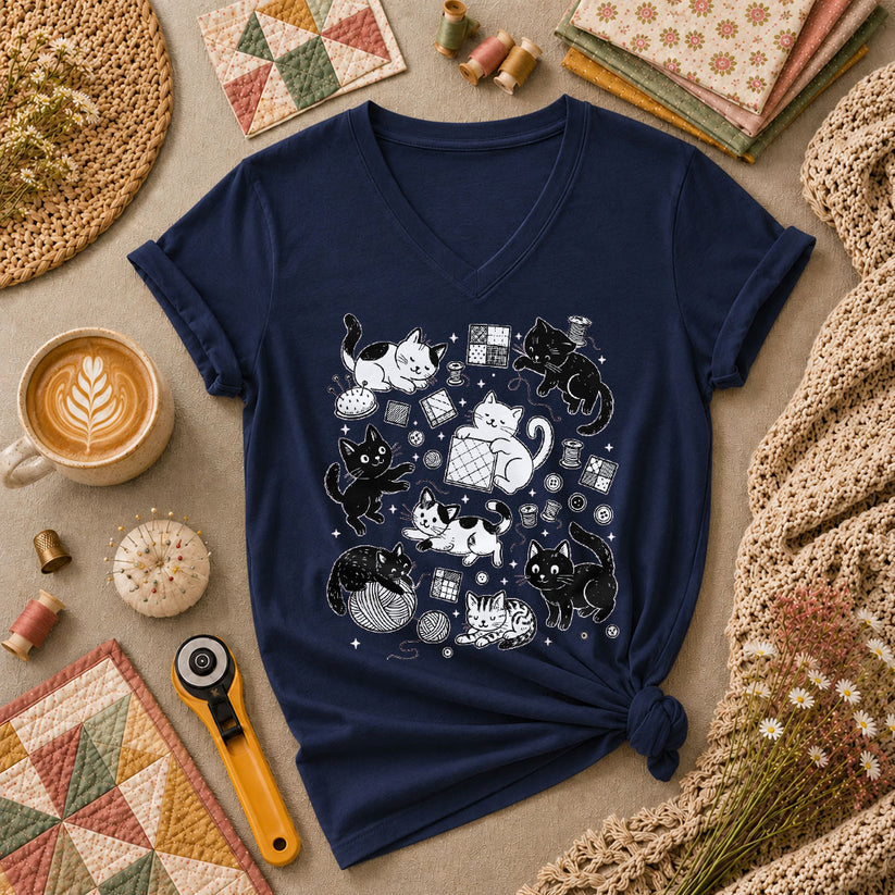 Quilting Cats And Kittens Women's V-Neck - Navy