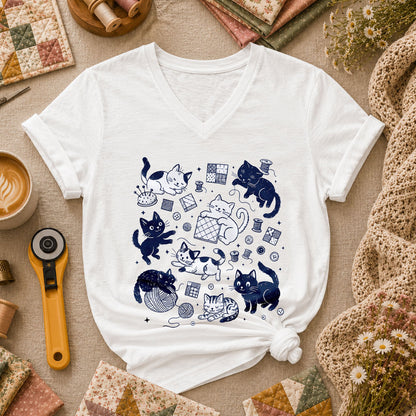 Quilting Cats And Kittens Women's V-Neck - White