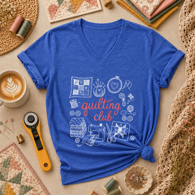 Quilting Club Vintage Women's V-Neck - Heather True Royal