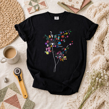 Quilting Dandelion Wildflower T-Shirt - Black
