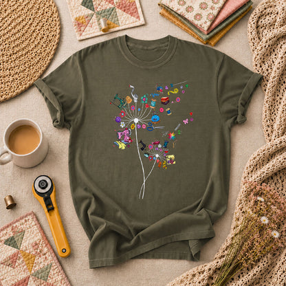 Quilting Dandelion Wildflower T-Shirt - Military Green