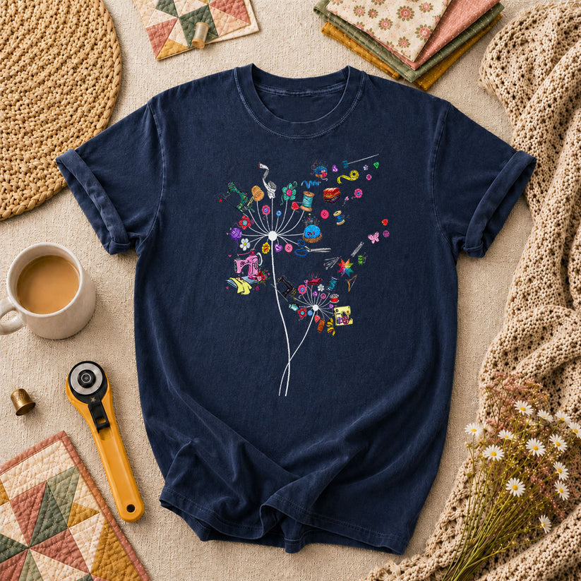 Quilting Dandelion Wildflower T-Shirt - Navy