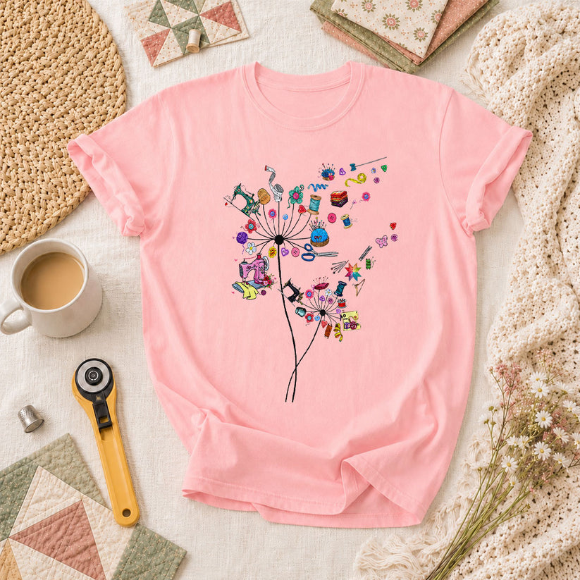 Quilting Dandelion Wildflower T-Shirt - Pink