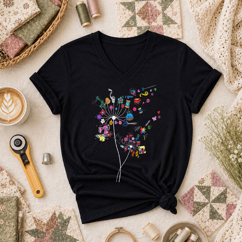 Quilting Dandelion Wildflower Women's V-Neck - Black