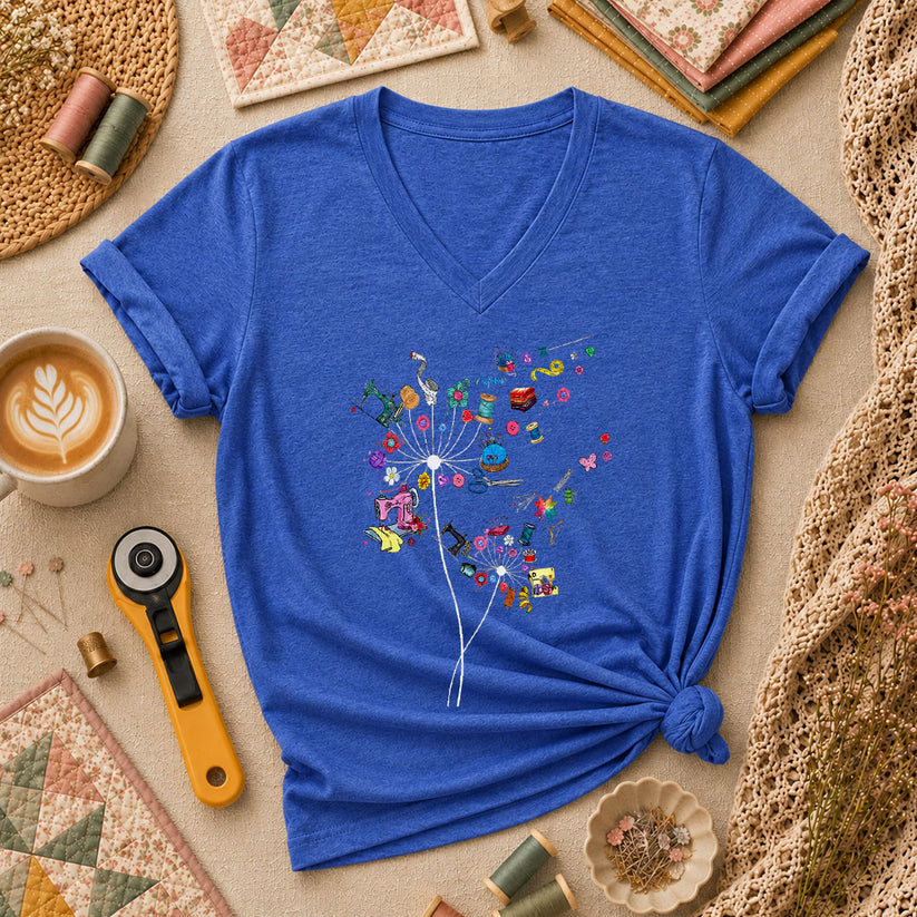 Quilting Dandelion Wildflower Women's V-Neck - Heather True Royal