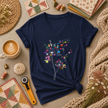 Quilting Dandelion Wildflower Women's V-Neck - Navy