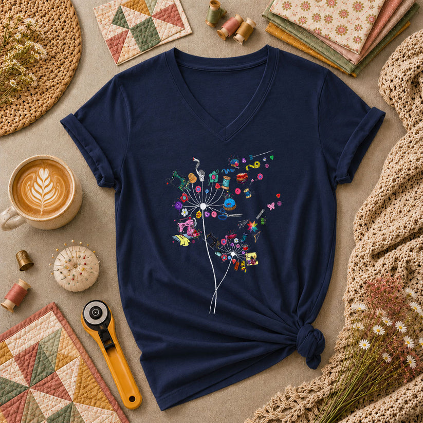 Quilting Dandelion Wildflower Women's V-Neck - Navy