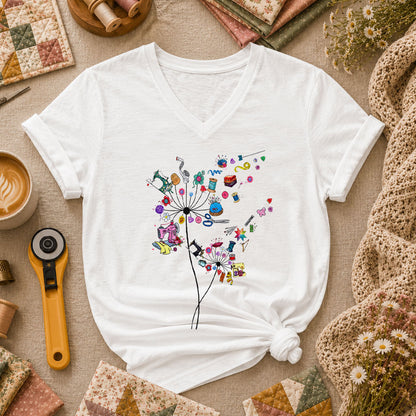 Quilting Dandelion Wildflower Women's V-Neck - White