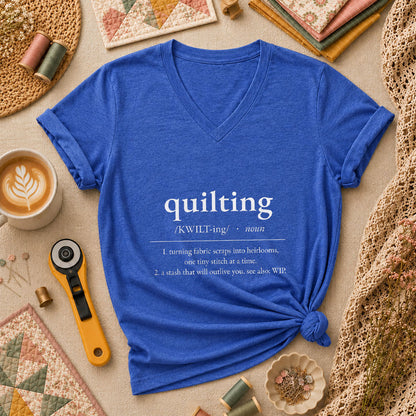 Quilting Definition Typography Women's V-Neck - Heather True Royal