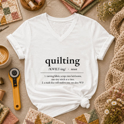 Quilting Definition Typography Women's V-Neck - White