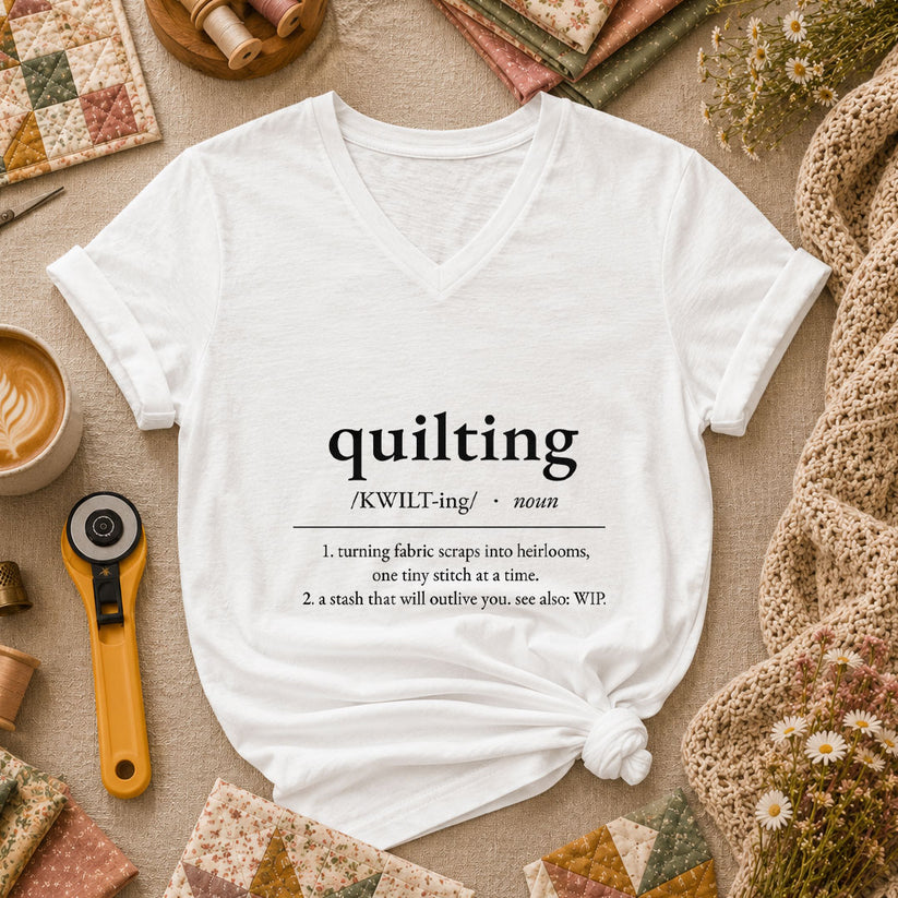 Quilting Definition Typography Women's V-Neck - White