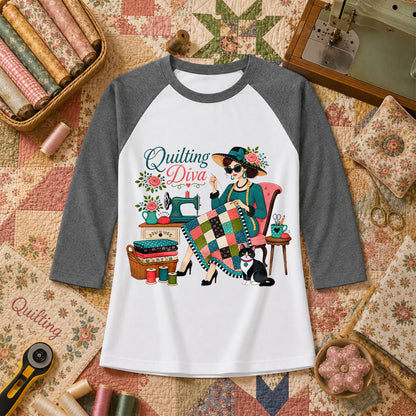 Quilting Diva Vintage Woman Cat Sewing Raglan Sleeve - Deep Heather