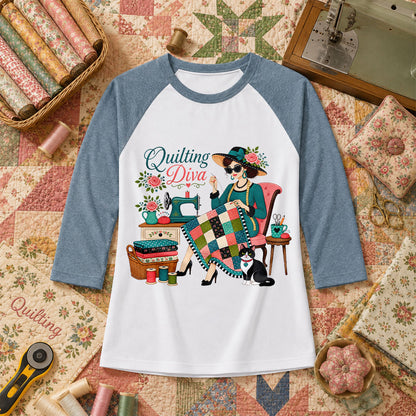 Quilting Diva Vintage Woman Cat Sewing Raglan Sleeve - Denim