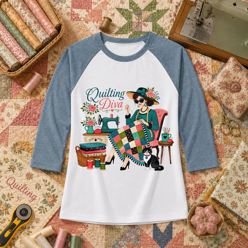 Quilting Diva Vintage Woman Cat Sewing Raglan Sleeve - Denim
