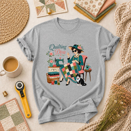 Quilting Diva Vintage Woman Cat Sewing T-Shirt