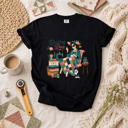 Quilting Diva Vintage Woman Cat Sewing T-Shirt - Black