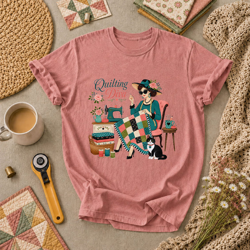 Quilting Diva Vintage Woman Cat Sewing T-Shirt - Heather Mauve