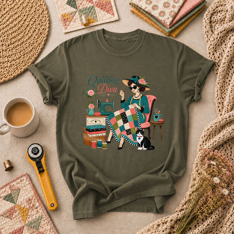 Quilting Diva Vintage Woman Cat Sewing T-Shirt - Military Green