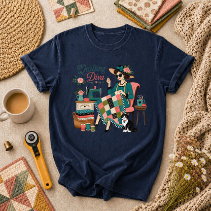 Quilting Diva Vintage Woman Cat Sewing T-Shirt - Navy