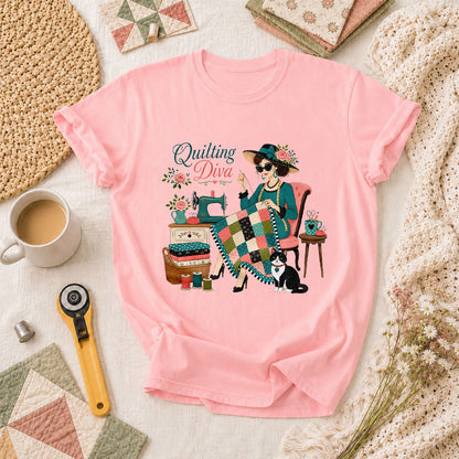 Quilting Diva Vintage Woman Cat Sewing T-Shirt - Pink