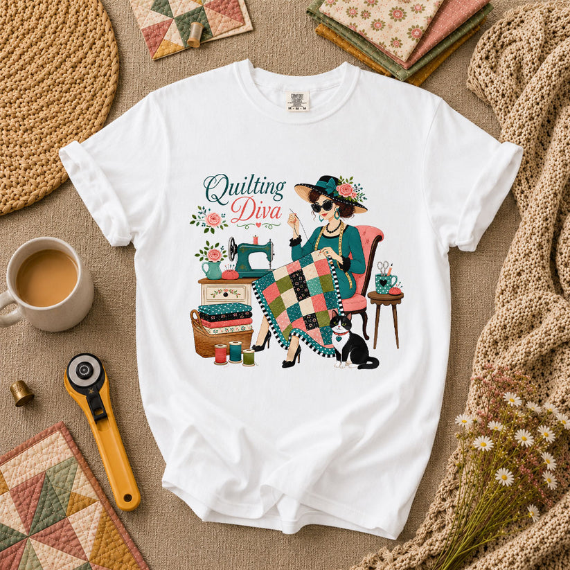 Quilting Diva Vintage Woman Cat Sewing T-Shirt - White