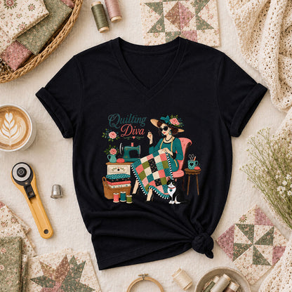 Quilting Diva Vintage Woman Cat Sewing Women's V-Neck - Black
