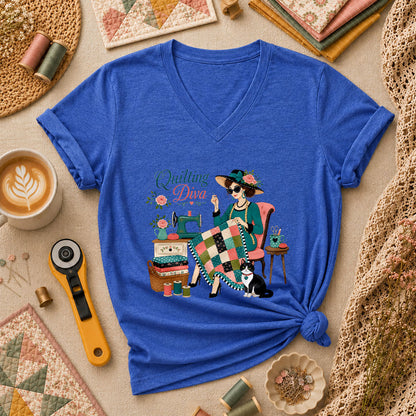 Quilting Diva Vintage Woman Cat Sewing Women's V-Neck - Heather True Royal