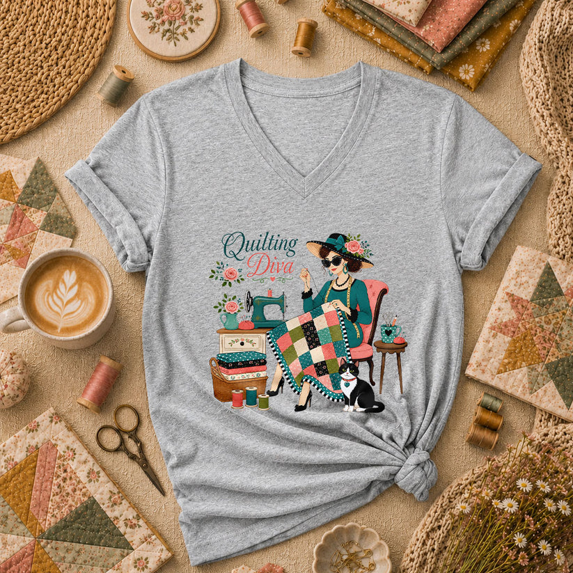 Quilting Diva Vintage Woman Cat Sewing Women's V-Neck - Sport Grey