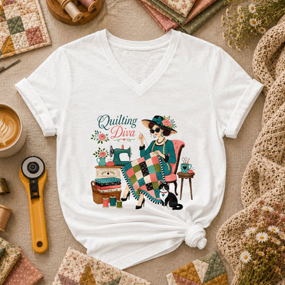 Quilting Diva Vintage Woman Cat Sewing Women's V-Neck - White
