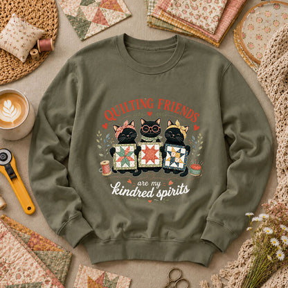 Quilting Friends Are My Kindred Spirits Cats Long Sleeve - Military Green