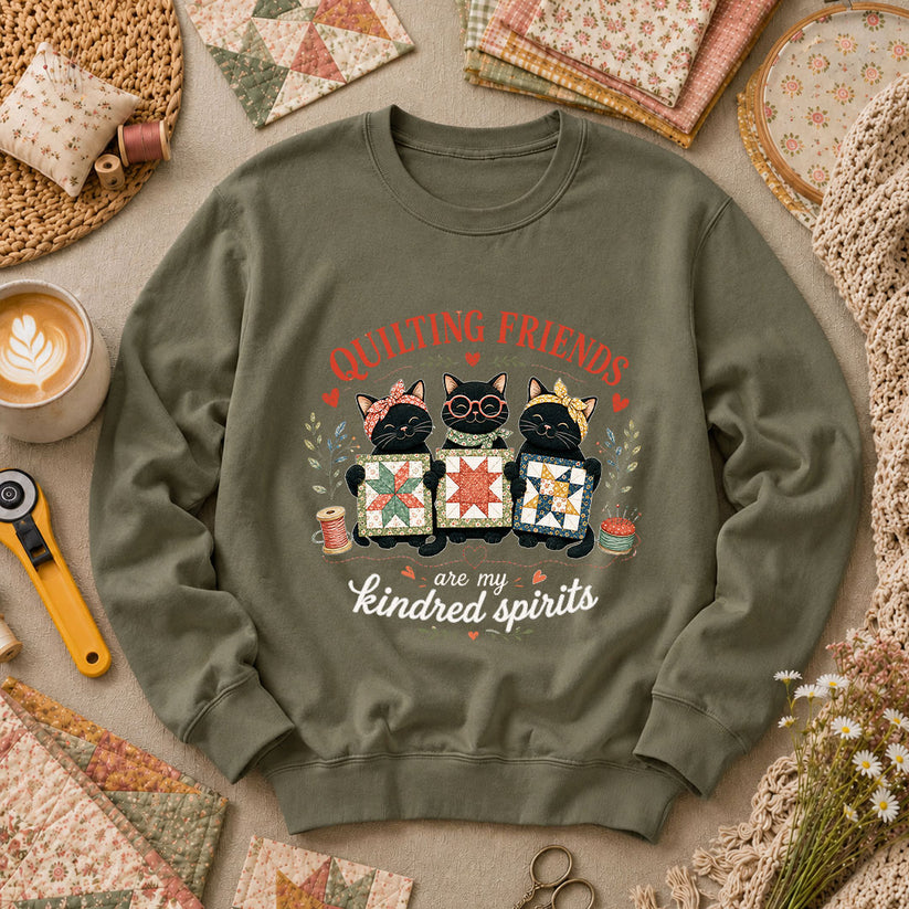 Quilting Friends Are My Kindred Spirits Cats Long Sleeve - Military Green