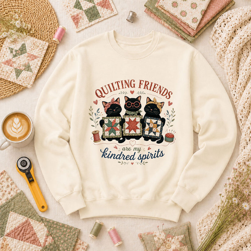 Quilting Friends Are My Kindred Spirits Cats Long Sleeve - Natural