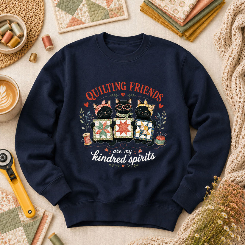 Quilting Friends Are My Kindred Spirits Cats Long Sleeve - Navy