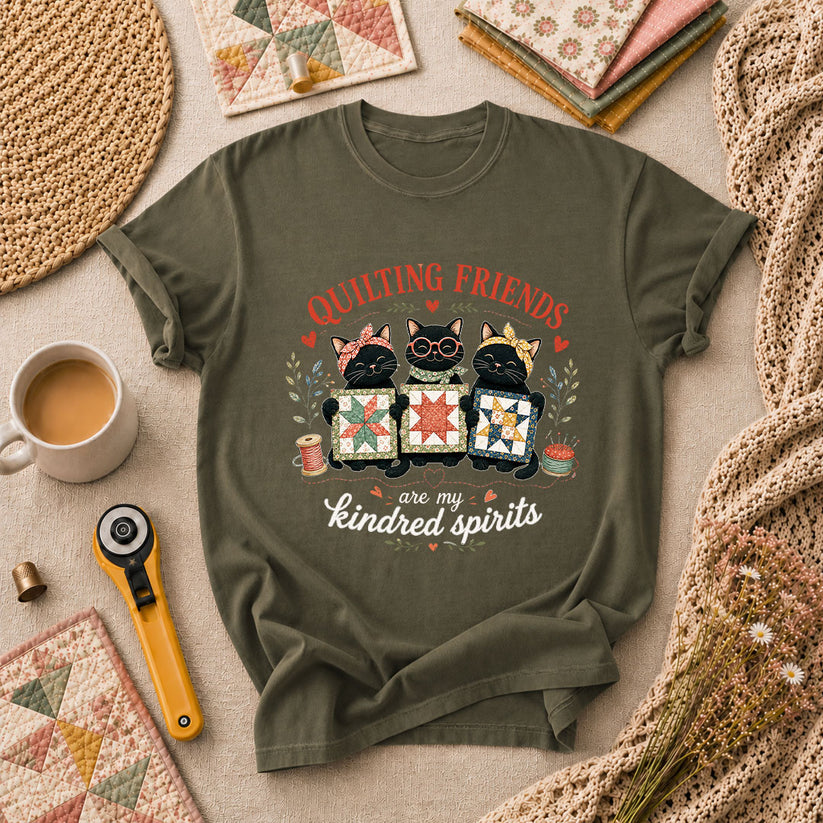Quilting Friends Are My Kindred Spirits Cats T-Shirt - Military Green