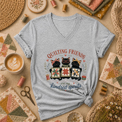 Quilting Friends Are My Kindred Spirits Cats Women's V-Neck - Athletic Heather