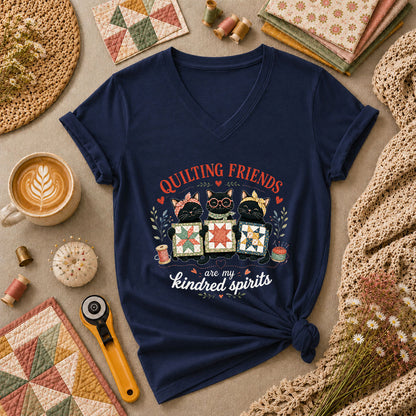 Quilting Friends Are My Kindred Spirits Cats Women's V-Neck - Navy