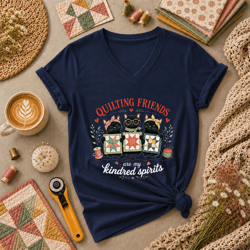 Quilting Friends Are My Kindred Spirits Cats Women's V-Neck - Navy