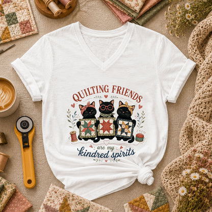 Quilting Friends Are My Kindred Spirits Cats Women's V-Neck - White